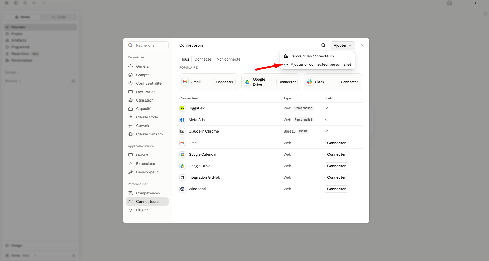 Le menu Ajouter ouvert avec l'option Ajouter un connecteur personnalisé
