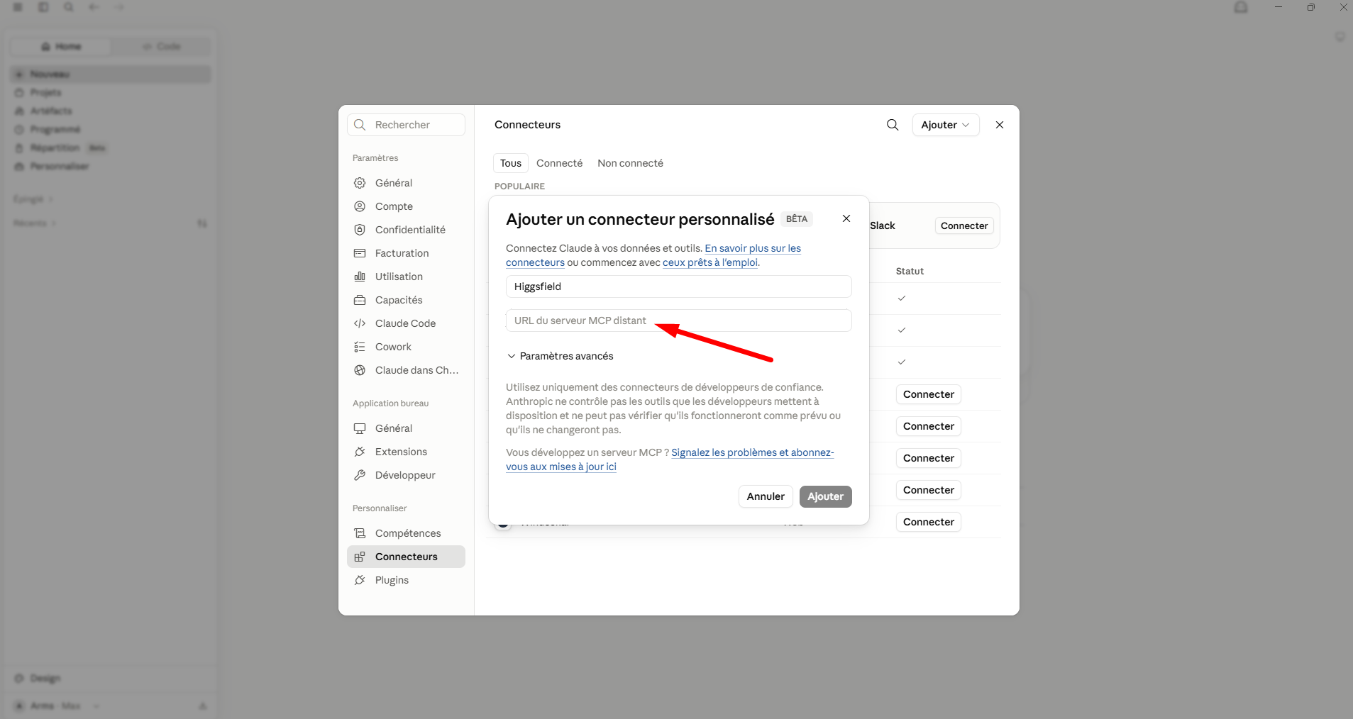 La fenêtre Ajouter un connecteur personnalisé : le nom Higgsfield rempli et le champ URL du serveur MCP distant